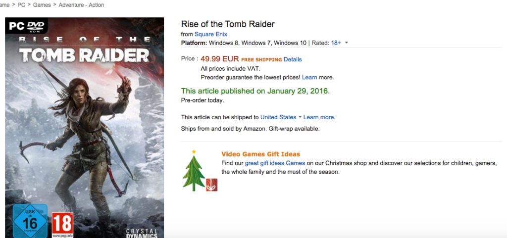 Rise of the Tomb Raider PC Amazon listing