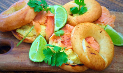 Scrambled egg Bagels and salmon