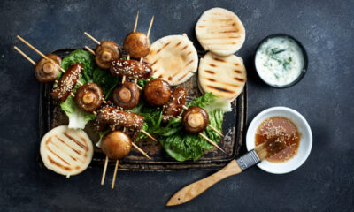STICKY, SMOKEY SAUSAGE AND MUSHROOM SKEWERS