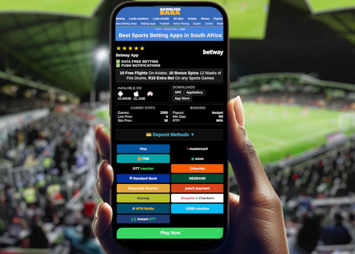 A smartphone in a stadium setting, showing technical data for comparing South African betting apps, including data-free status, APK size, and payment methods like Ozow and Instant EFT.